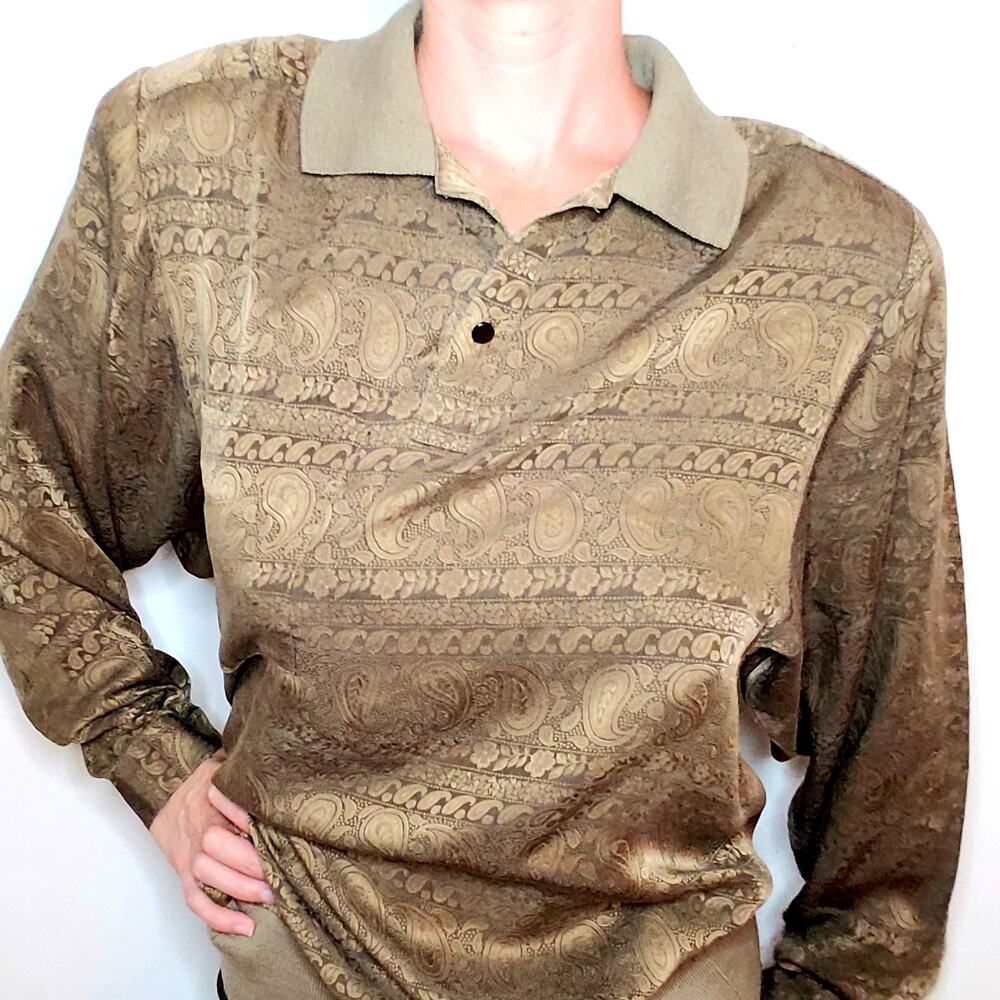 Vintage 100% Silk Pullover Collared Blouse Gold Paisley 10 / M